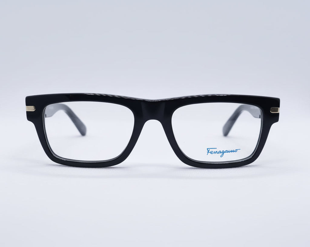 Black eyeglasses with 'Ferragamo' logo on a white background