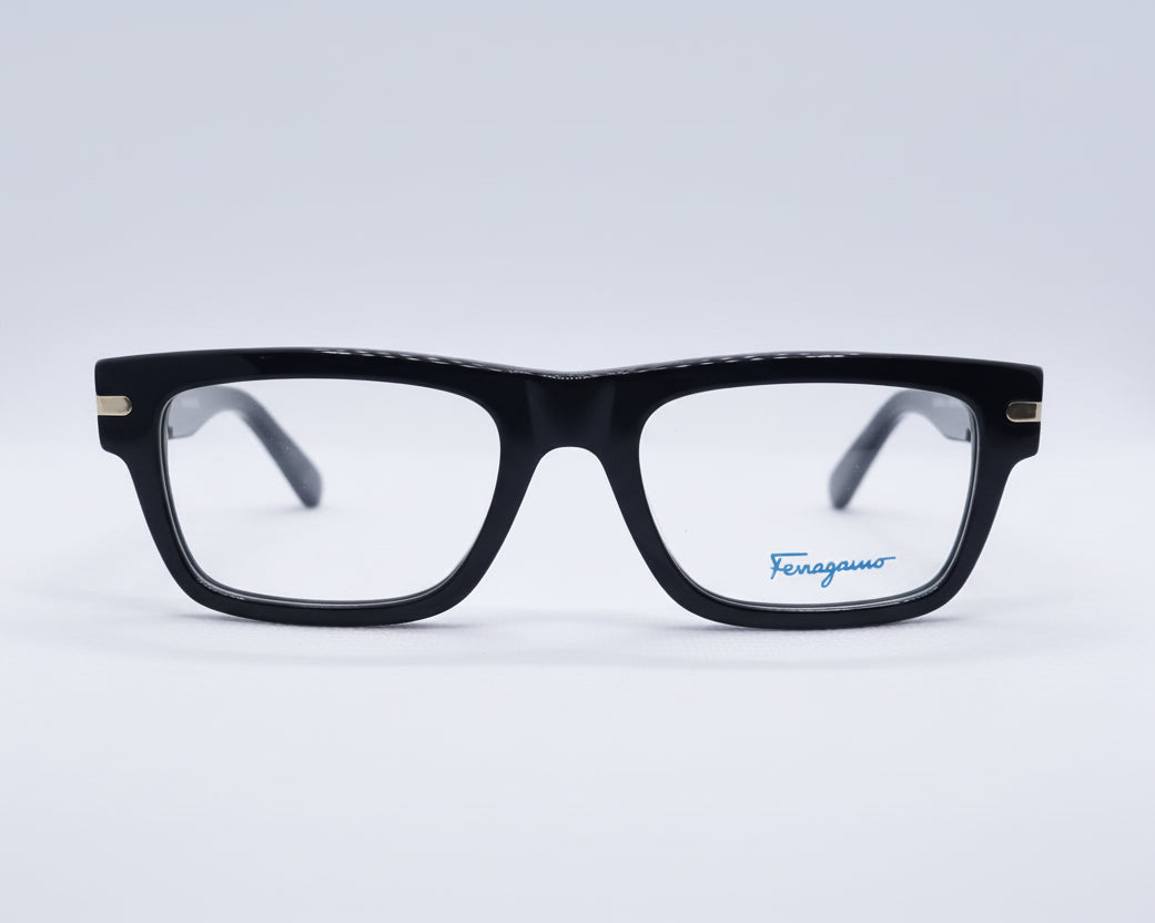 Black eyeglasses with 'Ferragamo' logo on a white background